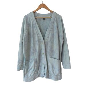 Eileen Fisher Garment Dyed Cardigan Terrycloth Large Pockets Blue Green V-Neck